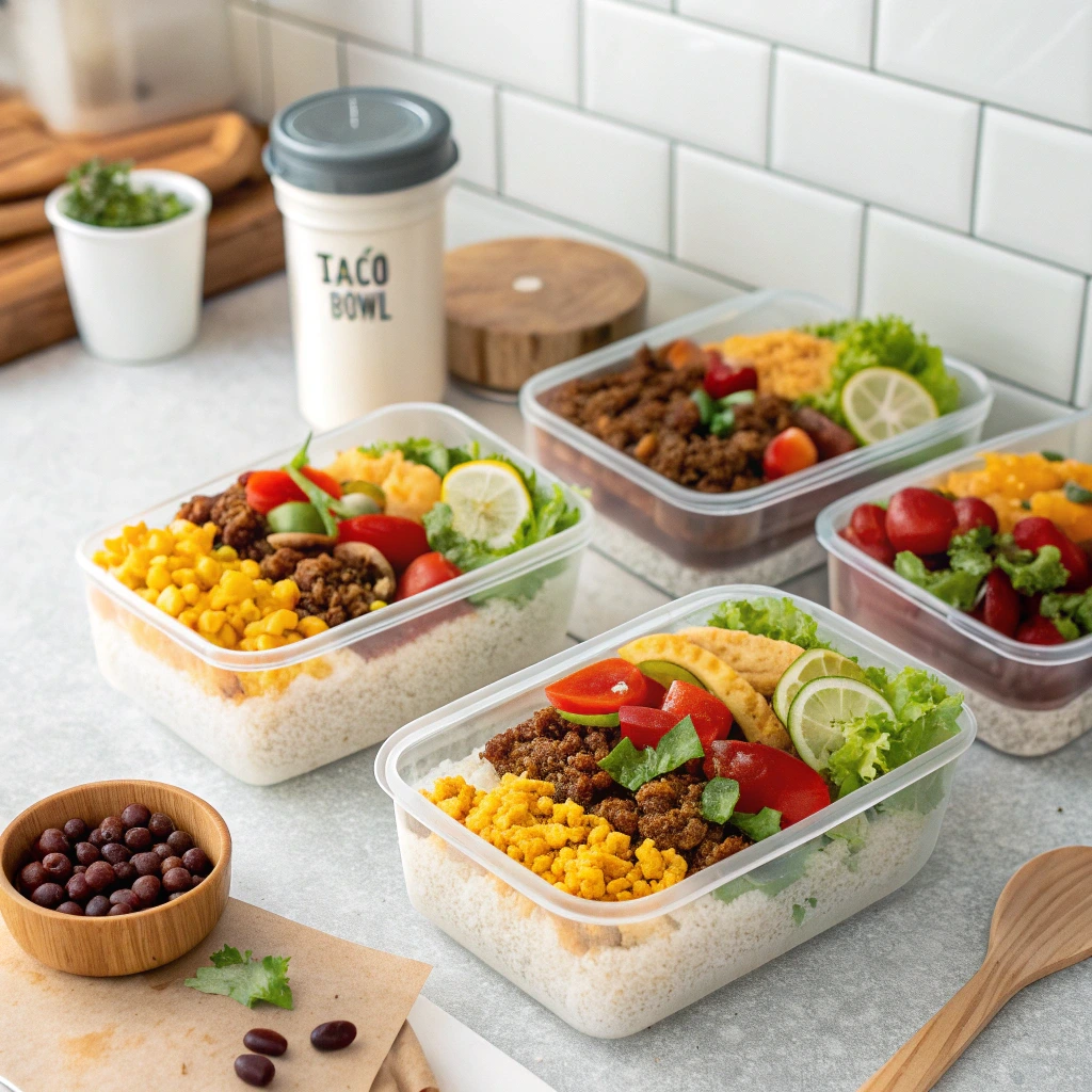 Meal prep containers filled with taco bowl ingredients like rice, chicken, vegetables, and beans.