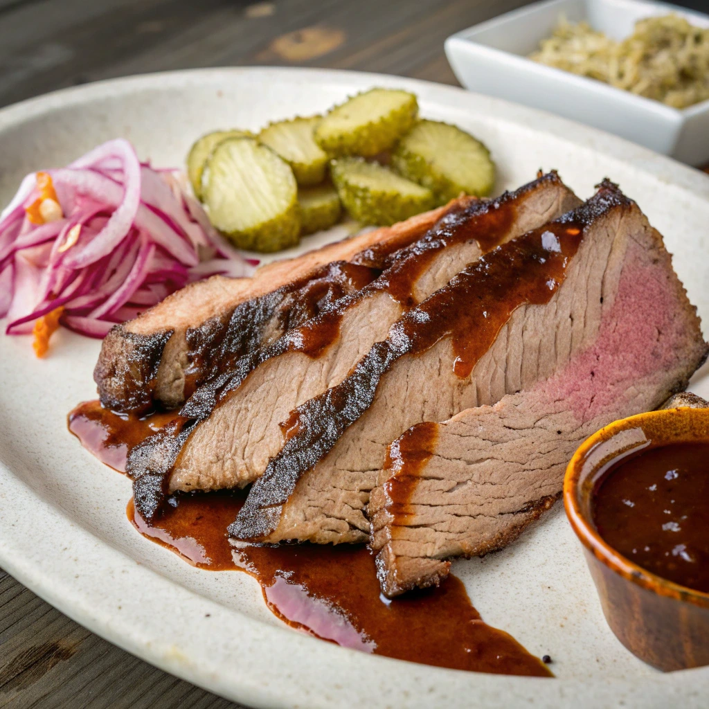 "Smoked brisket with barbecue sauce and pickled veggies"

