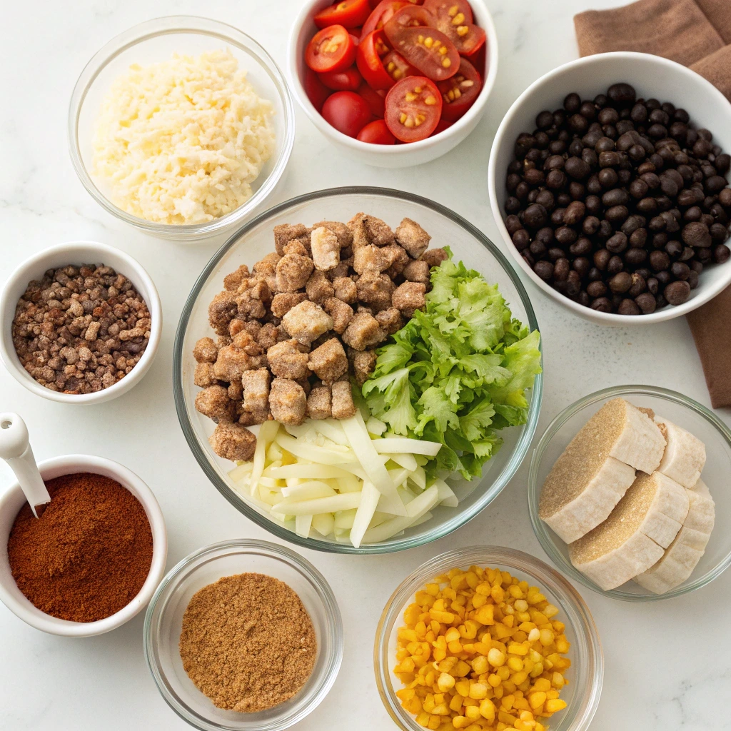 Ingredients for taco bowl meal prep including rice, vegetables, beans, and proteins like chicken and tofu.