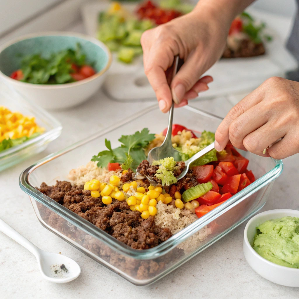 Assembling a taco bowl with layers of rice, protein, beans, veggies, and toppings.