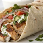 "Delicious Chicken Shawarma Wrap with marinated chicken, fresh vegetables, and creamy garlic sauce wrapped in pita bread, highlighting Middle Eastern spices.