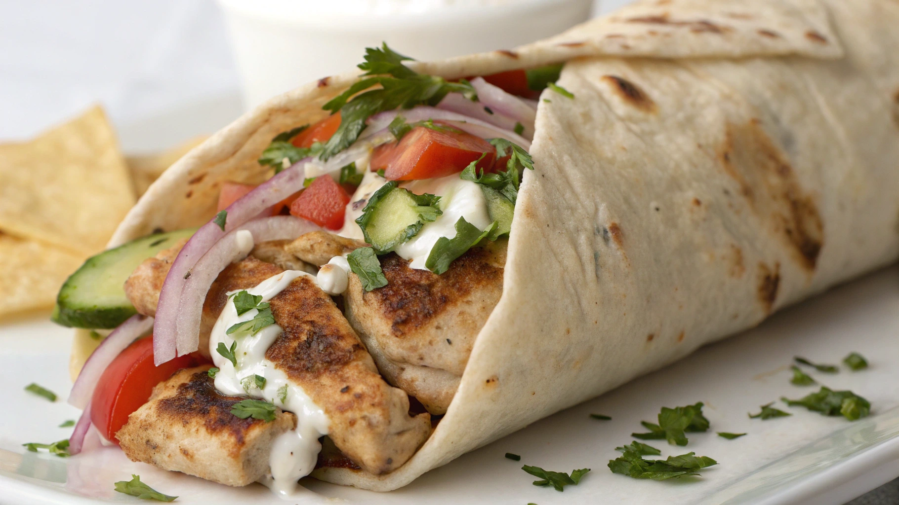 "Delicious Chicken Shawarma Wrap with marinated chicken, fresh vegetables, and creamy garlic sauce wrapped in pita bread, highlighting Middle Eastern spices.