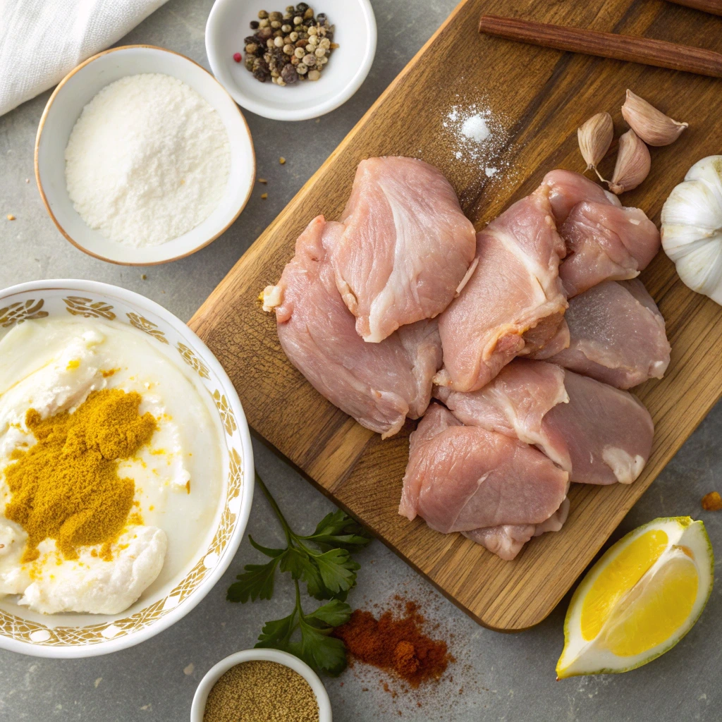 Ingredients for Chicken Shawarma marinade including boneless chicken thighs, yogurt, garlic, spices, olive oil, and lemon juice.