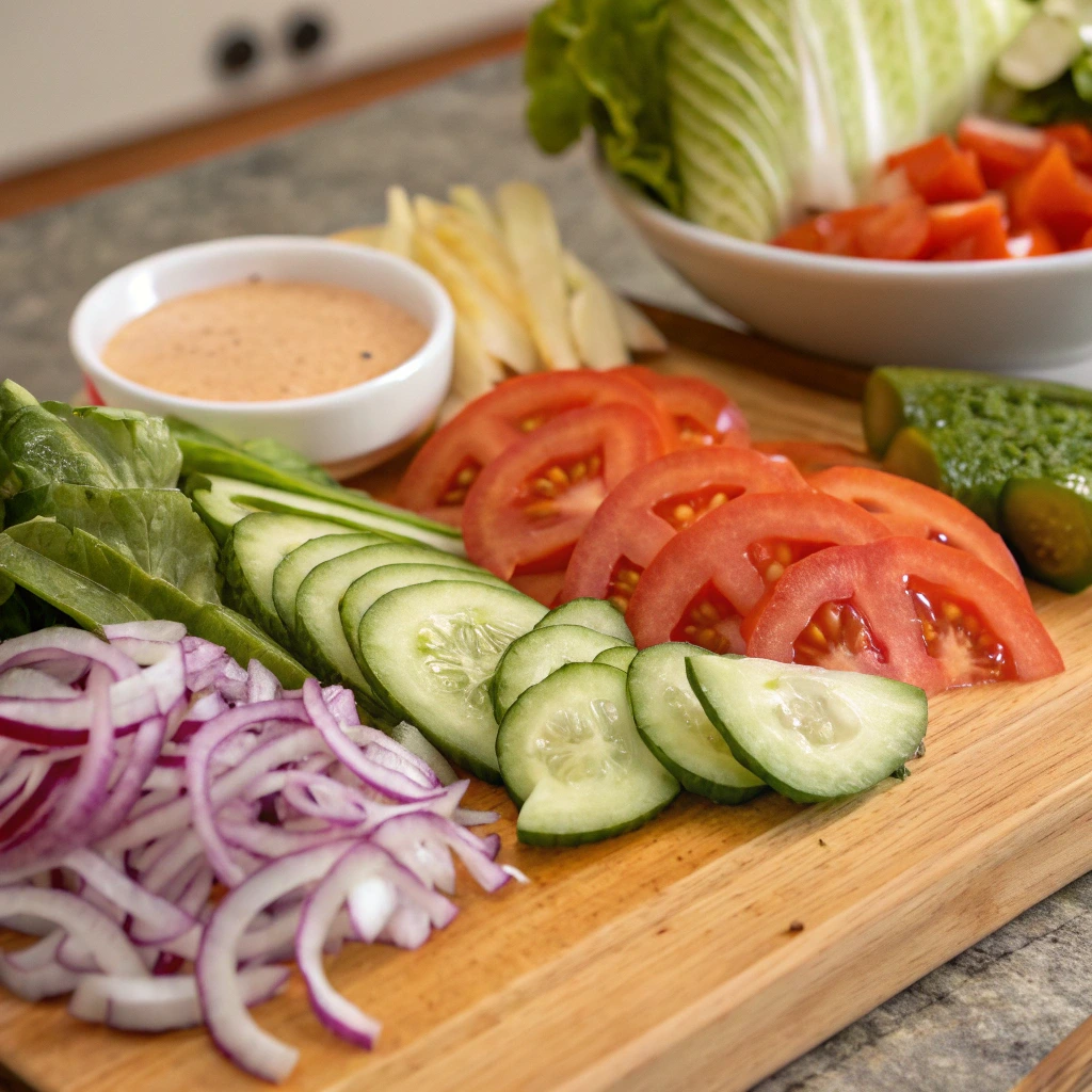 Fresh vegetables including cucumbers, tomatoes, onions, lettuce, and pickles, alongside tahini sauce, ready for a Chicken Shawarma Wrap.