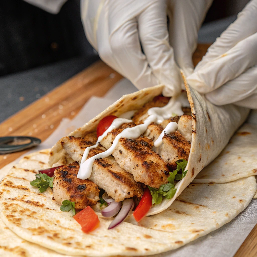 Assembling Chicken Shawarma Wrap with grilled chicken, fresh veggies, and garlic sauce in a warm pita bread.