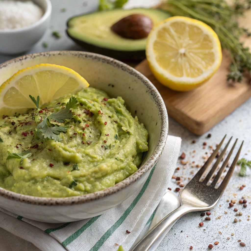 Mashed avocado in a bowl with lemon, salt, and pepper.