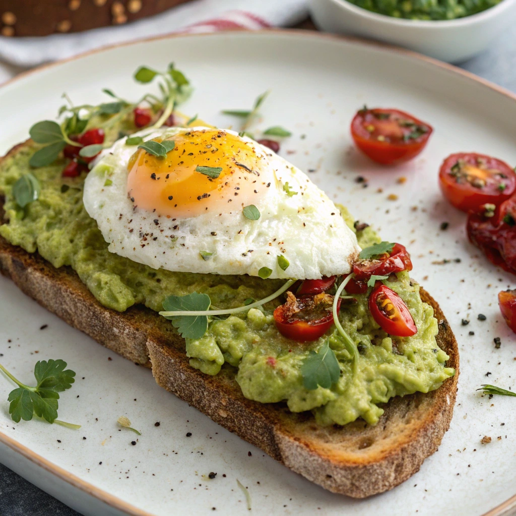 Fully assembled avocado toast with egg, garnished with fresh herbs and side of tomatoes.