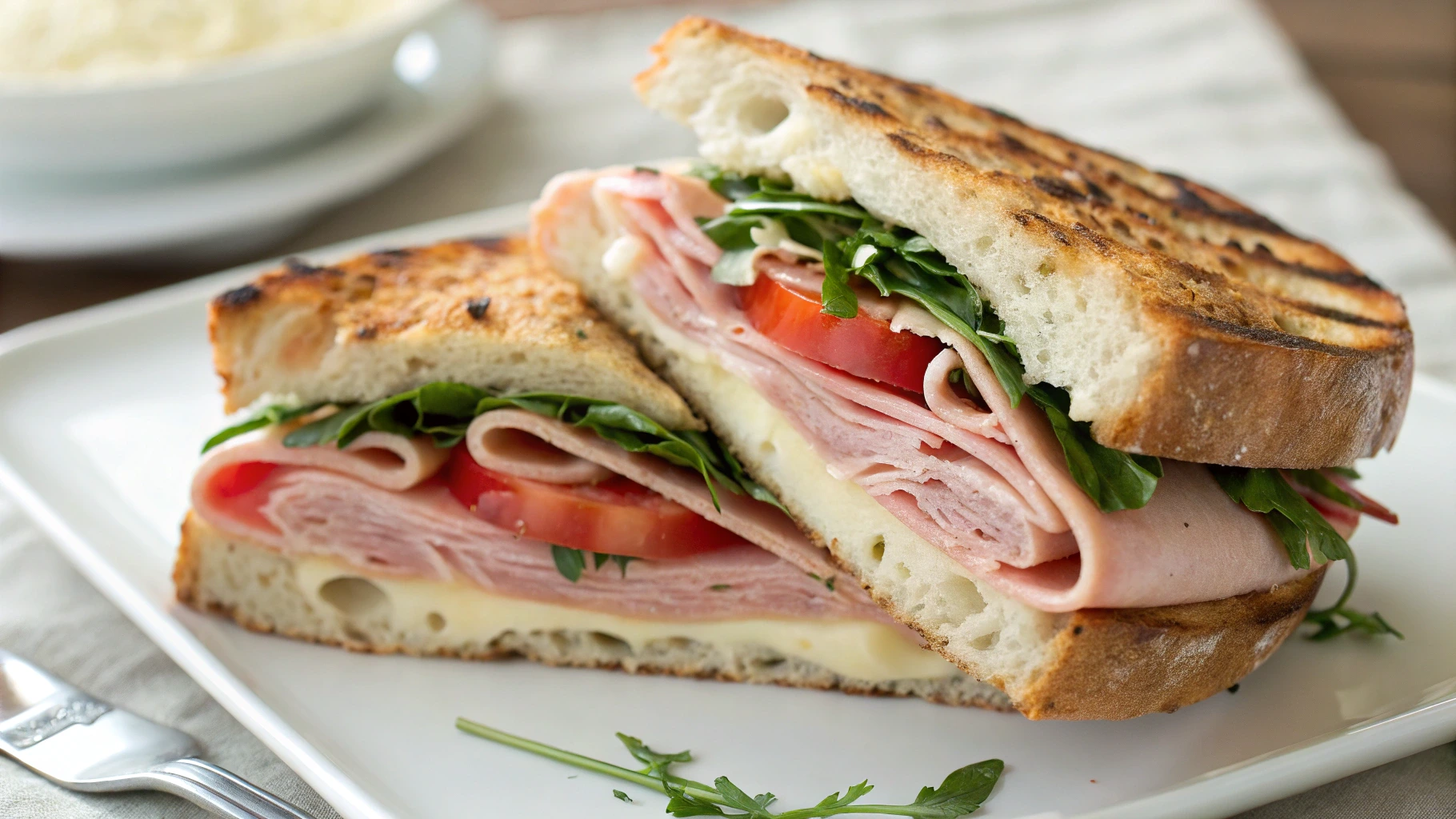 "Mortadella sandwich made with ciabatta bread, mozzarella cheese, arugula, and fresh Mortadella slices."