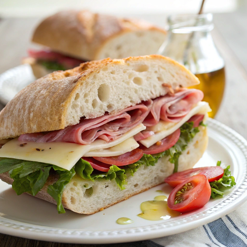 "Fresh Mortadella sandwich with mozzarella cheese, arugula, and ciabatta bread, cut in half, showcasing layers of flavor."

