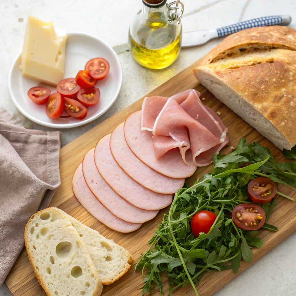 "Open Mortadella sandwich with mozzarella, fresh arugula, and tomatoes, on a wooden cutting board, ready for assembly."

