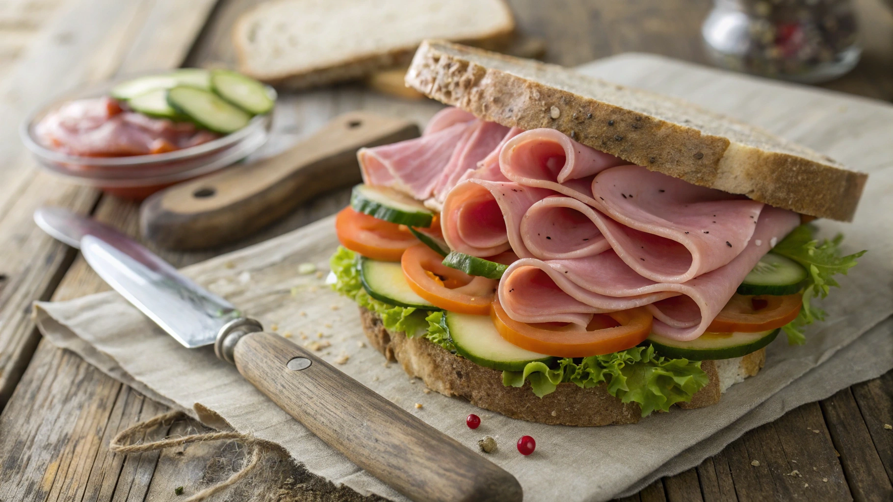 Open-faced Italian Mortadella sandwich on rustic wooden table with vegetables and a vintage knife.