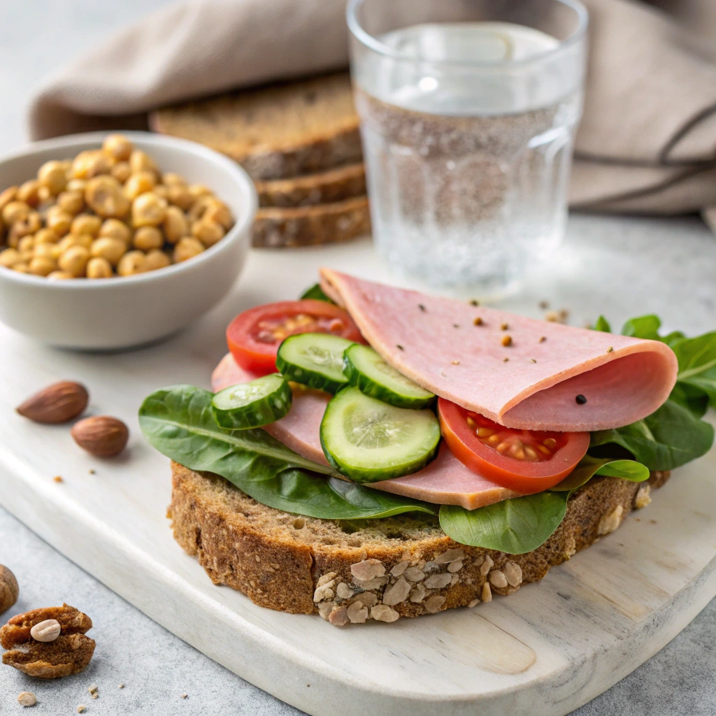 Close-up of a healthy Mortadella sandwich with fresh veggies, alongside protein-rich nuts and water.