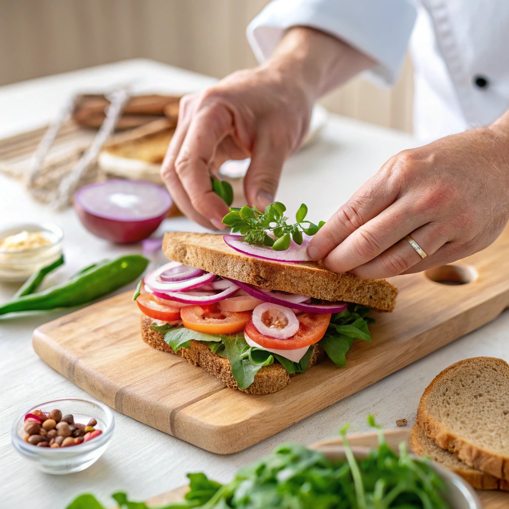 Chef assembling a healthier Mortadella sandwich with fresh vegetables on a wooden board.