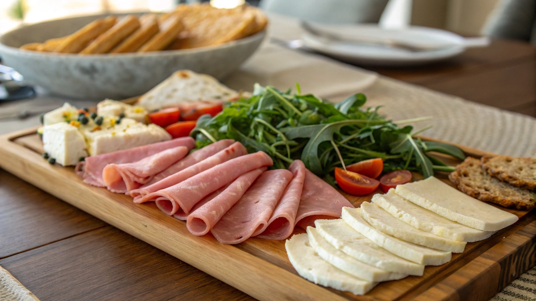 "Close-up of thinly sliced mortadella arranged on a rustic wooden board with arugula, sliced tomatoes, fresh mozzarella, aged gouda, soft bread, and crackers."