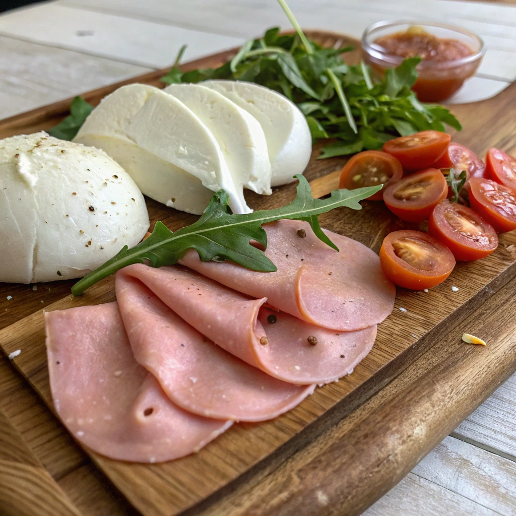 "Close-up of fresh mozzarella and soft cheeses beside thin slices of mortadella, with sprigs of arugula and slices of fresh tomatoes."

