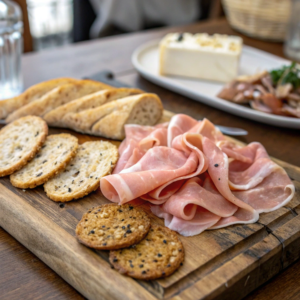 "Close-up of thinly sliced mortadella arranged on a rustic wooden board with ciabatta, focaccia, brioche, and various crackers."

