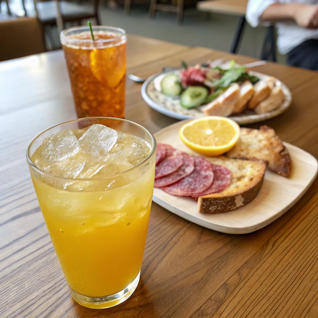 "Close-up of freshly pressed apple juice, iced tea with lemon, and sparkling elderflower soda paired with thinly sliced mortadella, soft bread, and pickled vegetables."

