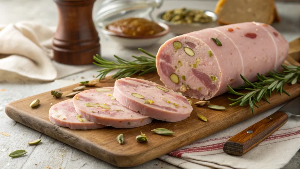 Sliced traditional Italian mortadella with pistachios on a wooden board.