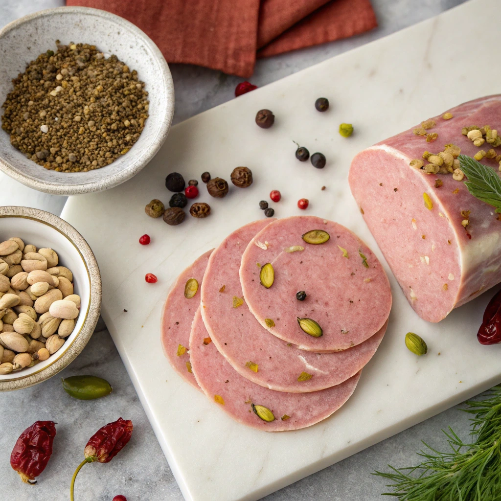  Italian artisans preparing mortadella in a traditional Bologna butcher shop.