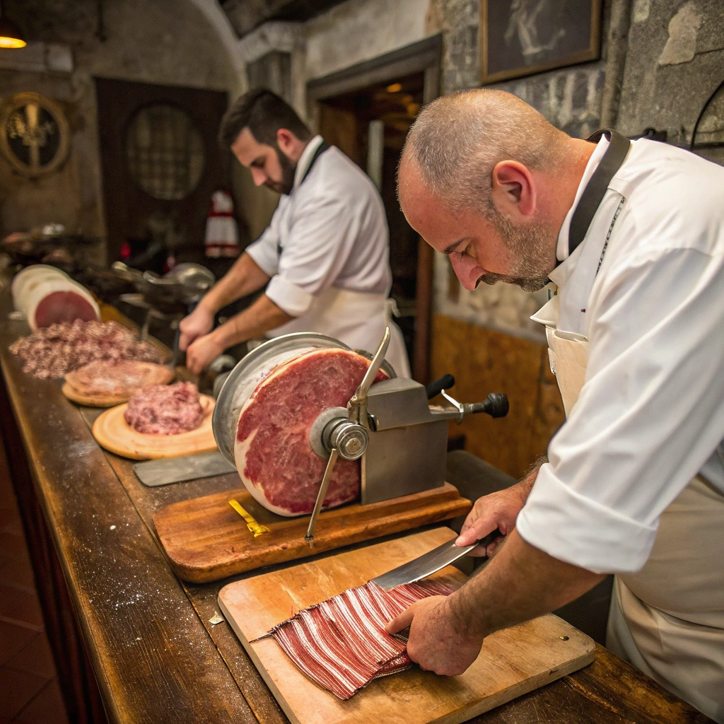 Fresh ingredients for making mortadella: pork, fat, spices, and pistachios.