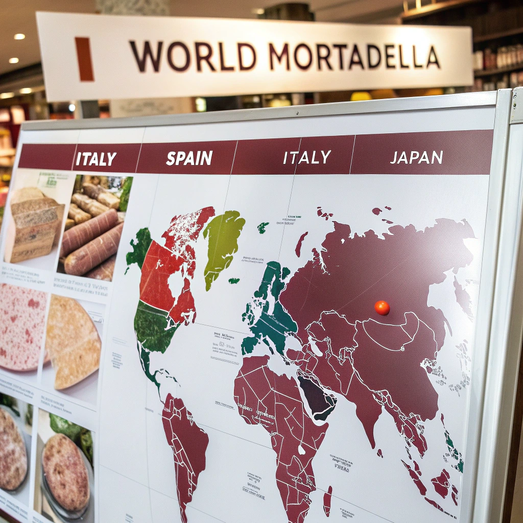 World map with various types of mortadella from different regions.